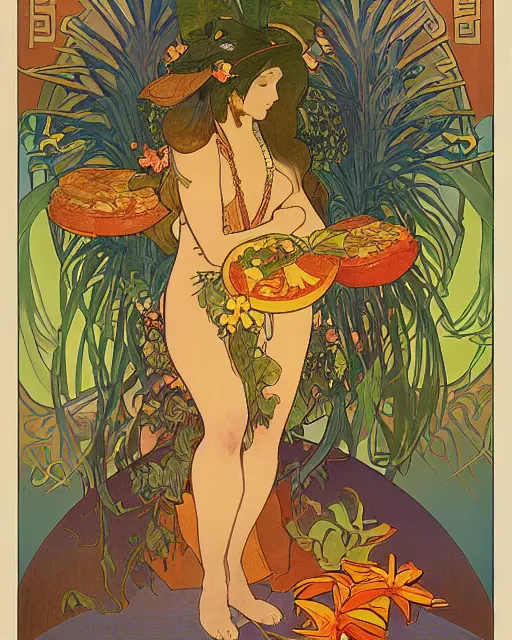 Prompt: a Poster of a bacalaito fritter with tropical iconography of a variety of tropical flora, cell shading, by Alphonse Mucha, Moebius, hiroshi yoshida, Art Nouveau, colorful, ultradetailed, vivid colour, 3d