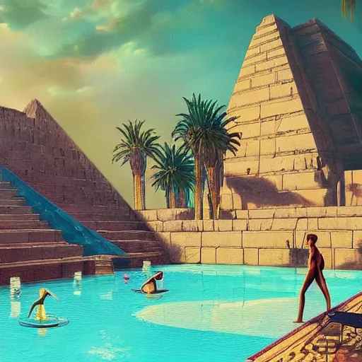 Image similar to a pool and ancient egyptian structure, epic retrowave art, trending on art station