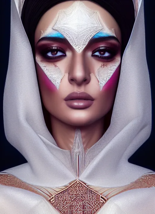 Image similar to portrait of arabic model, intricate, technology, sharp focus, octane render, realistic, detailed, beautiful, unreal engine, symmetrical!!, maybelline, sephora, loreal, artstation, art by artgerm, rossdraws, art by karol bak, makeup by pat mcgrath, cinematic, concept art, filmic, vsco