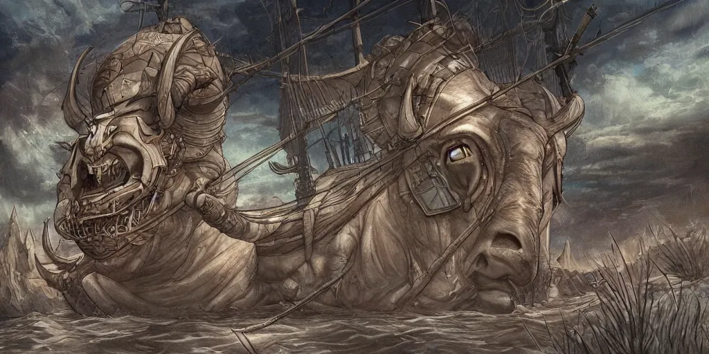 Image similar to Minotaur in a Boat, by Caza, studio ghibli, cinematic lighting, intricate, highly detailed, digital painting, trending on artstation, Illustration, epic scale