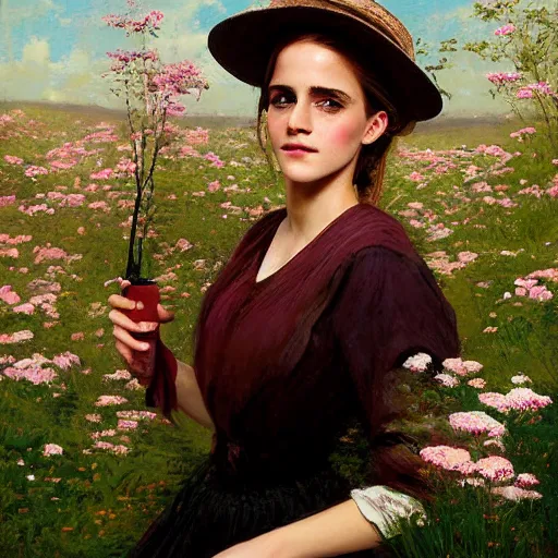 Image similar to happy very thick paint brush strokes paint texture full body fashion model emma watson by Jeremy Lipking by Hasui Kawase by Richard Schmid (((smokey eyes makeup eye shadow fantasy, glow, shimmer as victorian woman in a long white frilly lace dress and a large white hat having tea in a sunroom filled with flowers, roses and lush fern flowers ,intricate, night, highly detailed, dramatic lighting))) , high quality