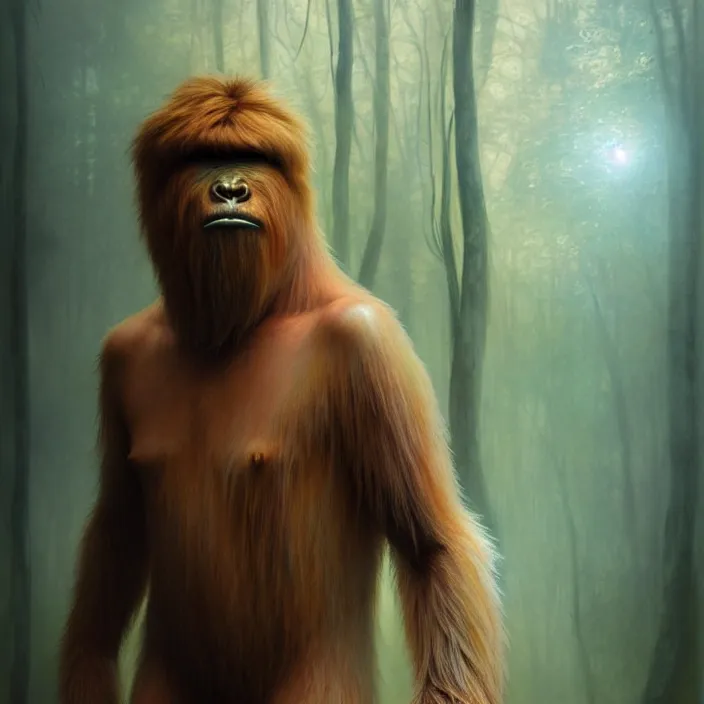Prompt: translucent Bigfoot with flaming eyes, veiled in mist, diffuse lighting, fantasy, intricate, elegant, highly detailed, lifelike, photorealistic, digital painting, artstation, illustration, concept art, smooth, sharp focus, art by John Collier and Albert Aublet and Krenz Cushart and Artem Demura and Alphonse Mucha