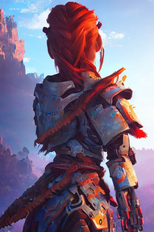 Image similar to combination suit armor aloy horizon forbidden west horizon zero dawn radiating a glowing aura global illumination ray tracing hdr fanart arstation by ian pesty and alena aenami artworks in 4 k tribal robot ninja mask helmet backpack