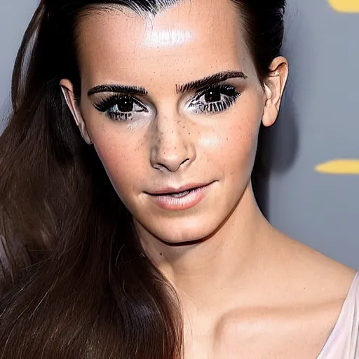 Image similar to a woman who is a genetic combination of kim kardashian and emma watson face and upper - body focus