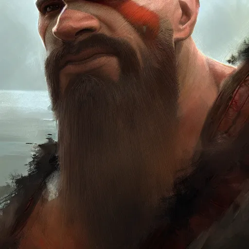 Image similar to kratos closeup portrait, dramatic light, lake background, 2 0 0 mm focal length, painted by stanley lau, painted by greg rutkowski, painted by stanley artgerm, digital art, trending on artstation