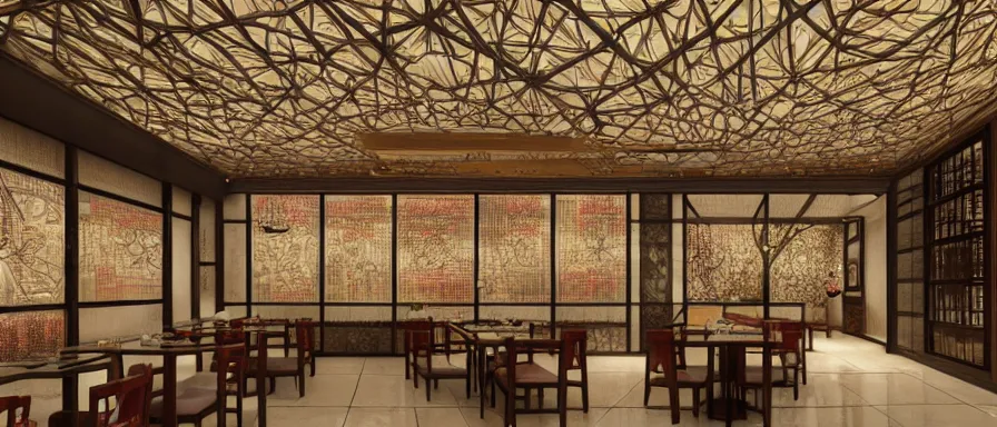 Image similar to a beautiful hyperdetailed interior render of roasted string hotpot restaurant restaurant yan'an, wall corner, from china, with merchant logo, fine delicate structure, chinese style, simple composition, simple style structure decoration design, victo ngai, 4 k hd