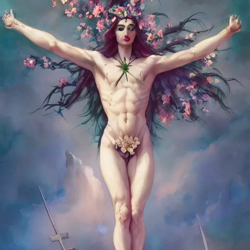 Image similar to full body portrait, long shot, Crucifixion pose, of a beautiful goddess, sworming in flowers, magical, pale skin, blue eyes, long black hair, floating in a misty daze, by pete mohrbacher and greg rutkowski, watercolor painting, deviantart, pinterest