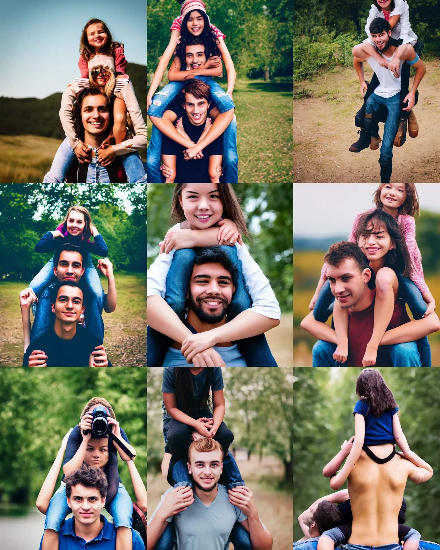 Prompt: girl sitting on shoulders of man, two people, dslr