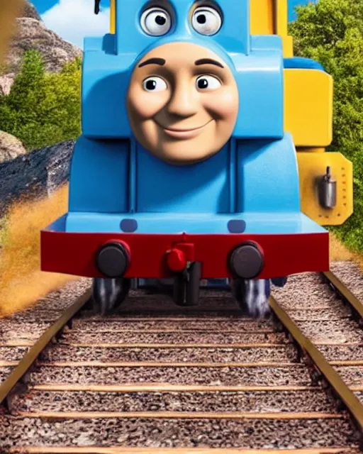 Prompt: Film still close-up shot of Dwayne Johnson as the Thomas the Tank Engine. Photographic, photography