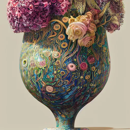 Prompt: biomorphic painting of a vase with flowers, au naturel, hyper detailed, digital art, trending in artstation, cinematic lighting, studio quality, smooth render, unreal engine 5 rendered, octane rendered, art style by klimt and nixeu and ian sprigger and wlop and krenz cushart