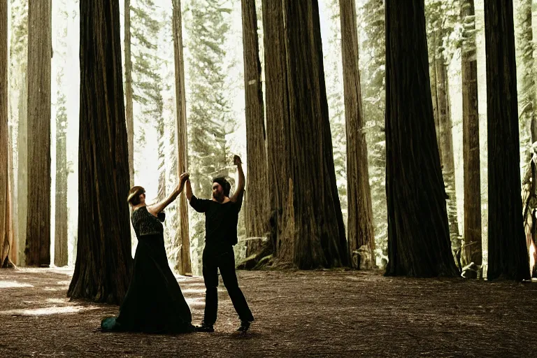 Image similar to cinematography closeup portrait of couple dancing in the redwood forest, thin flowing fabric, natural light by Emmanuel Lubezki