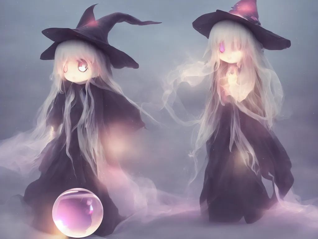 Image similar to cute fumo plush girl gazing into a crystal ball swirling with strange energy, black and white gothic horror, smoke and volumetric fog, witch girl, soothsayer, lens flare glow, chibi anime, vray