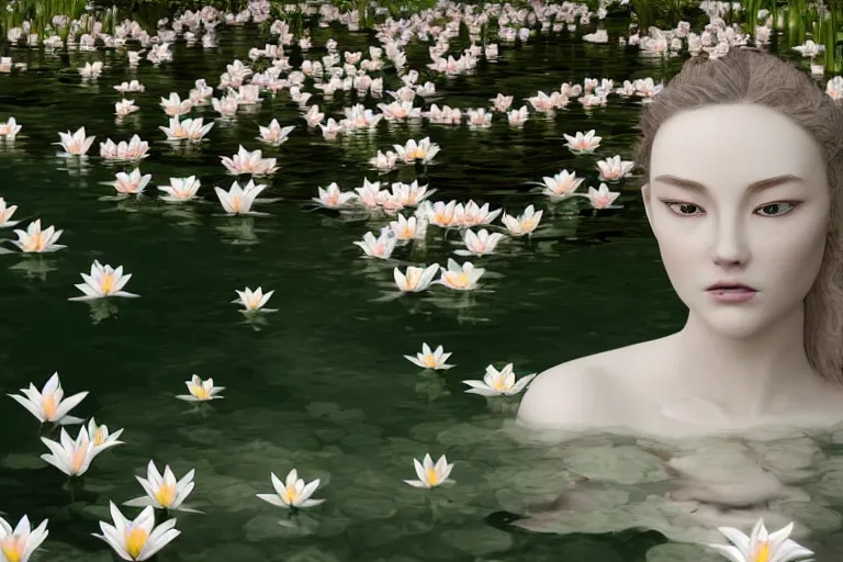 Image similar to cinematic 3 d portrait of a white porcelain woman's head and shoulders floating in a pond, surrounded by a forrest of lillies, deep focus, intricate, elegant, highly detailed, matte, sharp focus, by james jean and kim jung gi