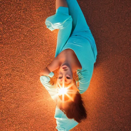 Image similar to photo of a beautiful woman lit from below with turquoise light and from above with golden orange light