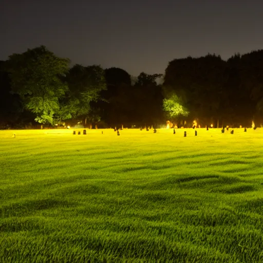 Prompt: a bunch of cheesen on a green meadow at night