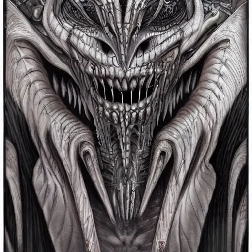 Image similar to Giger portrait of queen dragon, Dragon in dragon lair, HD, soft shading, hyperdetailed, wide angle lens, fantasy, futuristic horror, style of giger