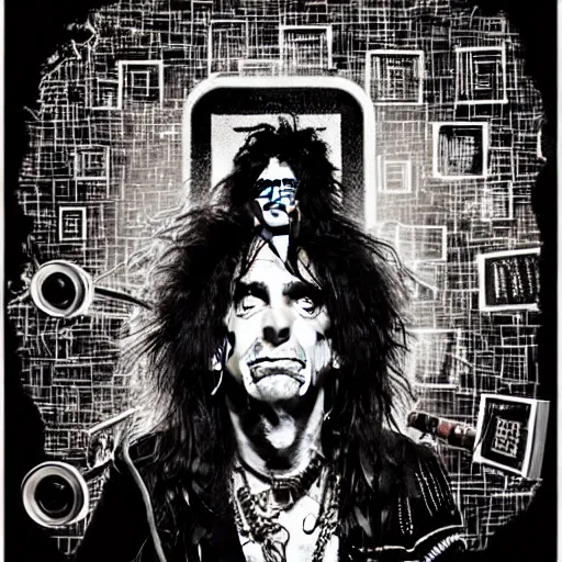 Image similar to graphic illustration, creative design, alice cooper on the dj decks, biopunk, francis bacon, highly detailed, hunter s thompson, concept art