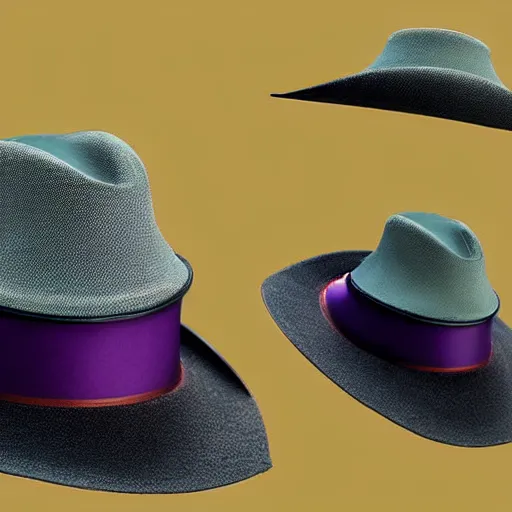 Prompt: [high tech cowboy hat in futuristic colours and fabrics, object design, couture]