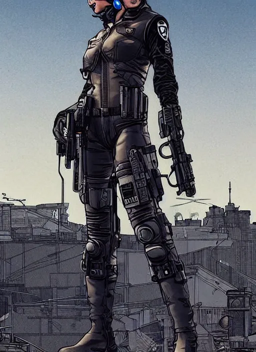 Prompt: Feminist Selina. Gorgeous female cyberpunk assassin wearing a military vest, and tactical jumpsuit. gorgeous face. Realistic Proportions. Concept art by James Gurney and Laurie Greasley. Moody Industrial skyline. ArtstationHQ. Creative character design for cyberpunk 2077.