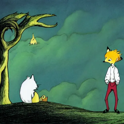 Image similar to the little prince talking to the fox, art by tim burton, corpse bride art style