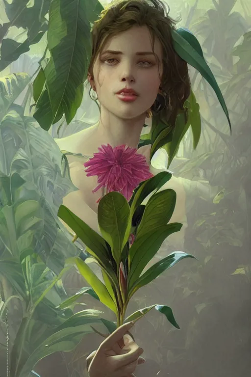 Prompt: ultra realistic illustration, banana plants closeup drawing and flowers, elegant, highly detailed, digital painting, concept art, smooth, sharp focus, illustration, art by greg rutkowski and alphonse mucha