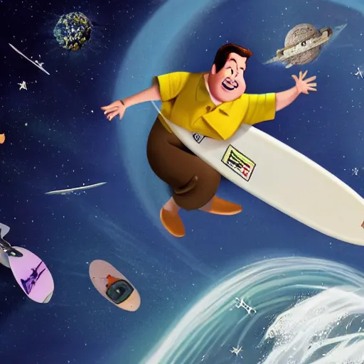 Prompt: Carl Wheezer surfing in outer space