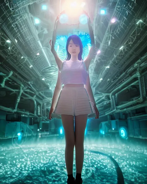 Prompt: beautiful centered photo of korean girl as a solarpunk cyborg with white mechanical parts and implanted bright halogen lamps, treading above calm water, ultra - realistic and detailed, sun lit, white background, bokeh, soft focus, slow exposure hdr 8 k