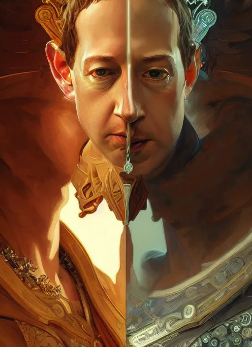 Image similar to symmetry!! portrait of mark zuckerberg + jeff bezos, fantasy, medieval wear, intricate, elegant, highly detailed, digital painting, artstation, concept art, smooth, sharp focus, illustration, art by artgerm and greg rutkowski and alphonse mucha