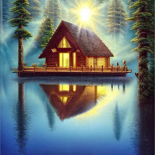 Image similar to A beautiful experimental art of a mountain lake scene with a cabin nestled in the woods. The light shining through the trees and reflecting off the water is stunning. Garfield by Jacek Yerka subtle