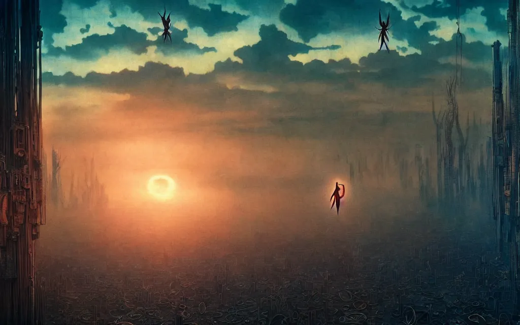 Image similar to realistic detailed portrait movie shot of a birdman wearing dark ragged robes, futuristic city sunset landscape background by denis villeneuve, amano, yves tanguy, alphonse mucha, ernst haeckel, max ernst, roger dean, rich moody colours