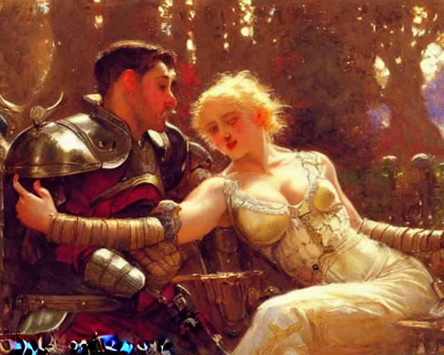 Image similar to arthur pendragon flirting wit his knight. highly detailed painting by gaston bussiere, craig mullins, j. c. leyendecker