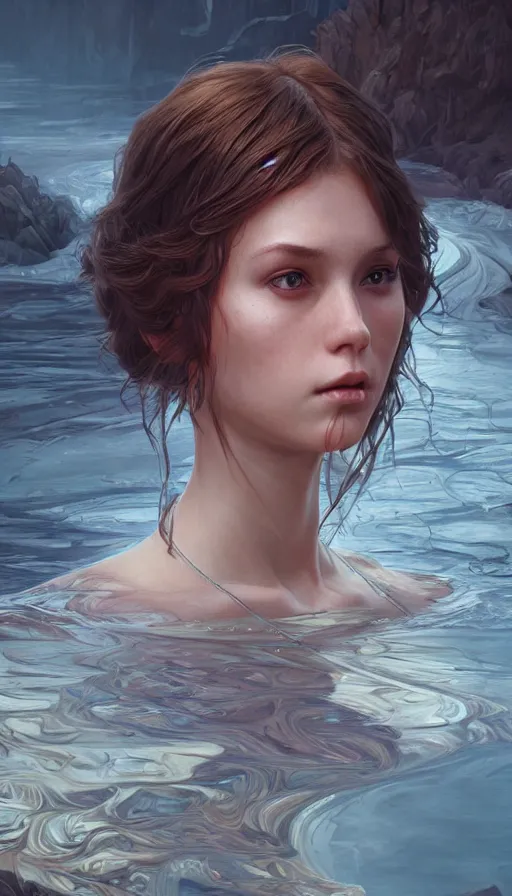 Prompt: girl in a river, fibonacci, sweaty, insane, intricate, highly detailed, digital painting, artstation, concept art, smooth, sharp focus, illustration, Unreal Engine 5, 8K, art by artgerm and greg rutkowski and alphonse mucha