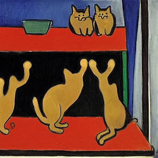 Prompt: three cats drinking in a bar, matisse