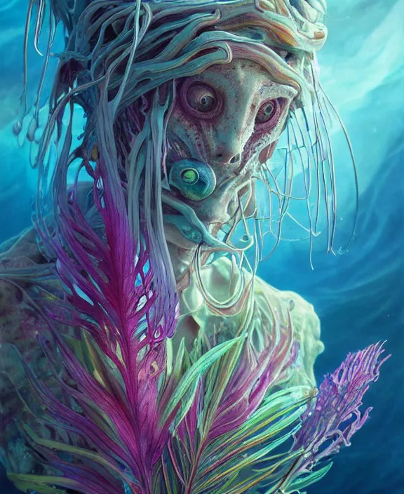 Prompt: filigreed colorful transparent portrait of a terrifying beautiful alien sea creature, fronds, mottled coloring, botany, adorable, childlike, horror environment, ultra realistic, concept art, art nouveau, photorealistic, octane render, 8 k, unreal engine. art by christopher marley and artgerm and greg rutkowski and alphonse mucha