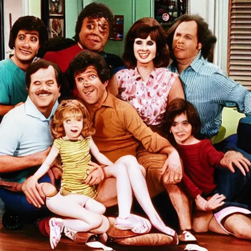 Prompt: vintage 1 9 8 0's sitcom, a happy photogenic family and a large giant evil wet slimy detailed monstrous demon creature inside a 1 9 8 0's sitcom living room