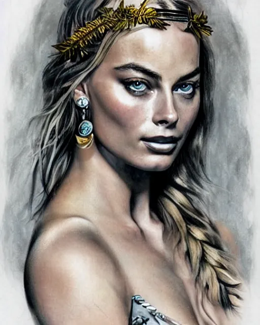 Image similar to realism tattoo sketch of margot robbie as a beautiful greek goddess aphrodite with piercing eyes wearing a laurel wreath and triangle earrings, in the style of greg rutkowski, amazing detail