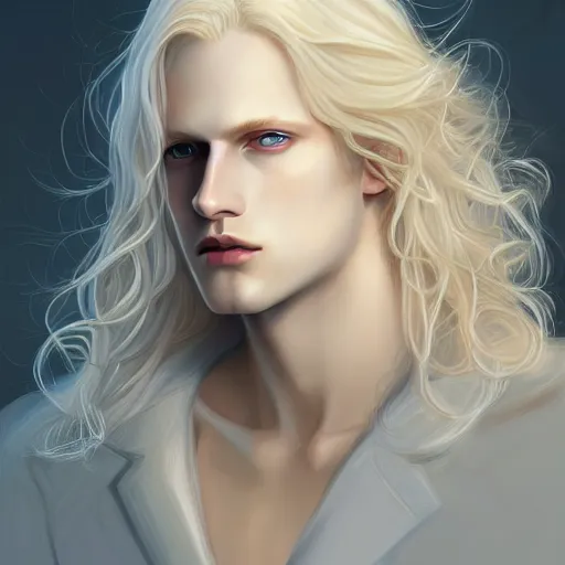 Prompt: Johan Liebert the pale blond androgynous god of the sun, highly detailed, very very very long curly golden blond hair, baroque curls, curtain bangs, central parted fringe, extremely luscious curly blond hair, very very very pale white skin, digital painting, artstation, concept art, soft light, sharp focus, illustration