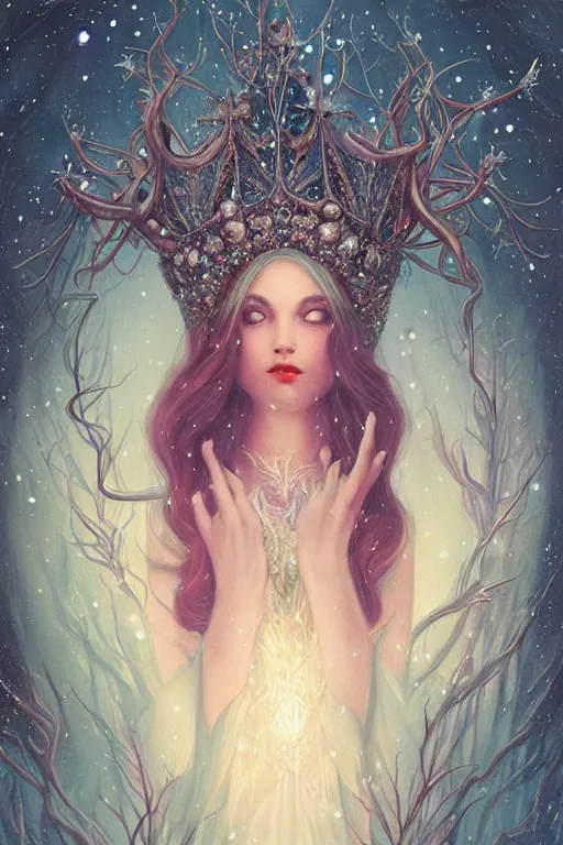 Prompt: jeweled Crown, other worldly, fairy winter court, snow, art nouveau, by Anato Finnstark, Tom Bagshaw, Brom
