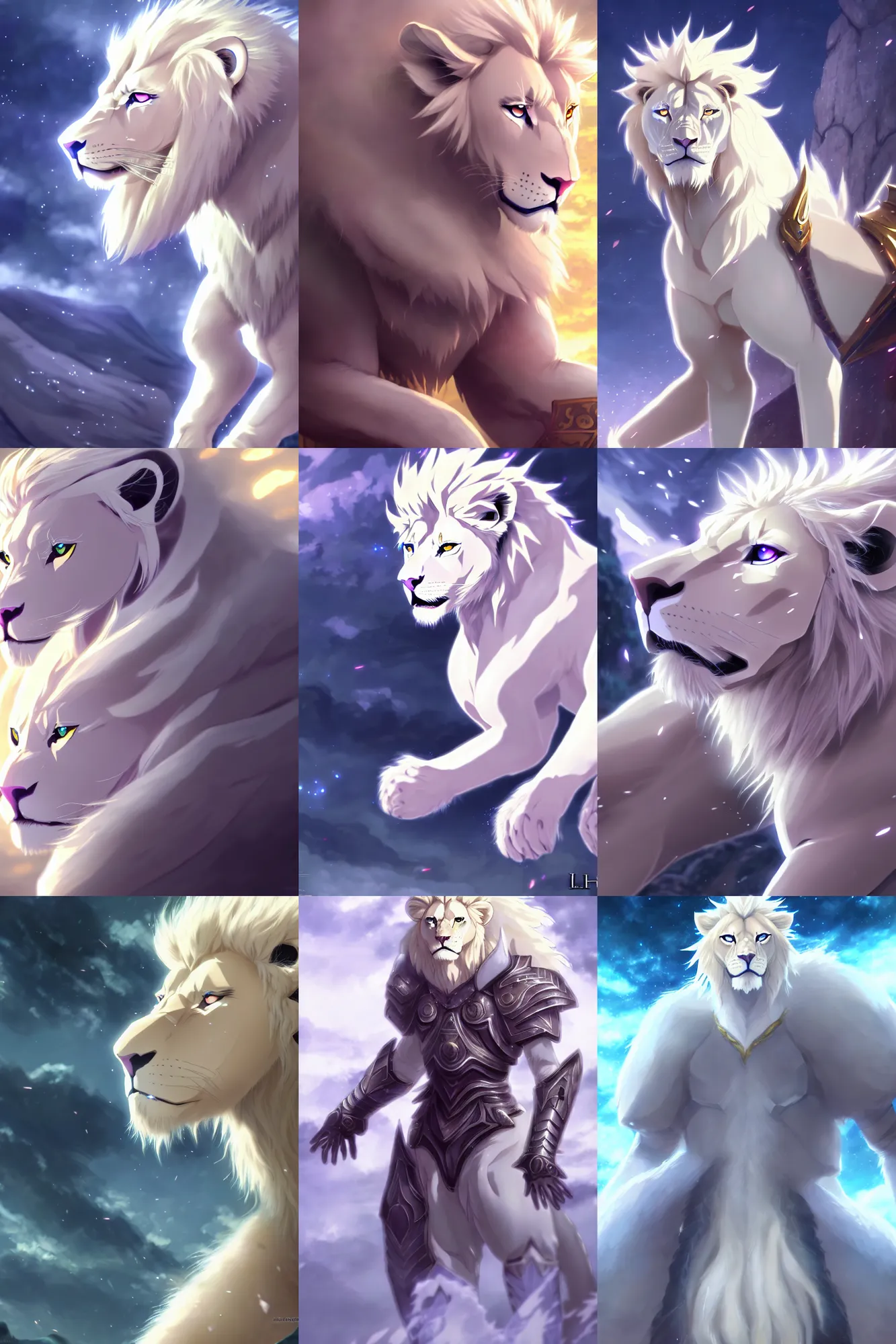 Prompt: albino lion wearing magical fantasy armor, fursona, anthro, anime key visual, detailed armor, makoto shinkai, portrait