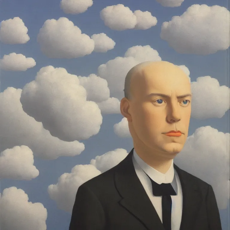 Image similar to portrait of a man in a suit, his head is a cloud, by rene magritte, detailed painting, hd, hq, high resolution, high detail, 4 k, 8 k