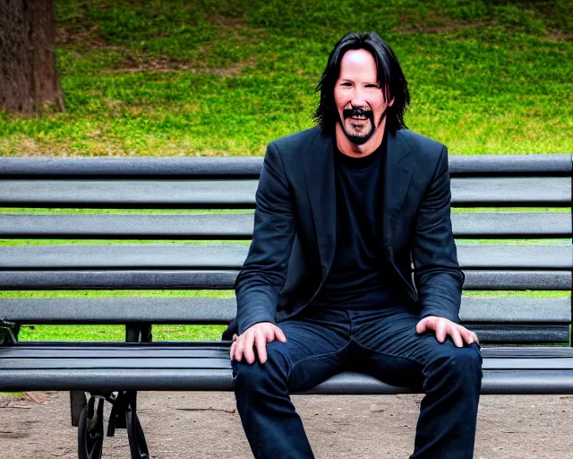 Image similar to photo of happy keanu reeves sitting on a bench in a park. lifelike. ultra detailed. intricate. soft light. nikon d 8 5 0.