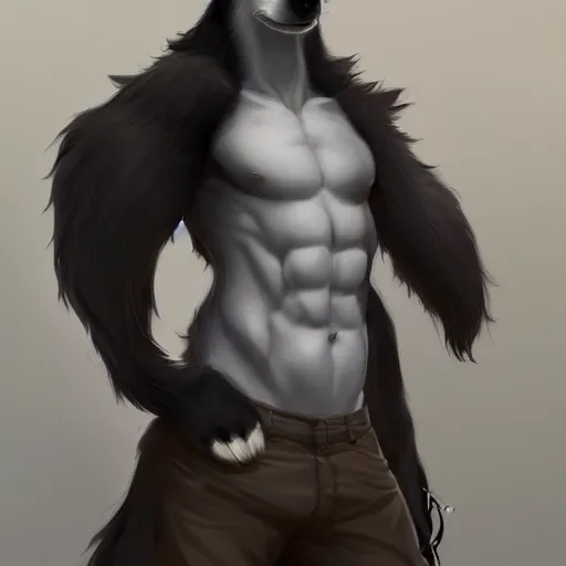 Image similar to wide angle beautiful full body portrait of a strong male anthropomorphic anthro border collie fursona, character design by charlie bowater, henry asencio, and ross tran, furry art, furaffinity, beautiful, glamor pose, detailed, aesthetic, trending on artstation