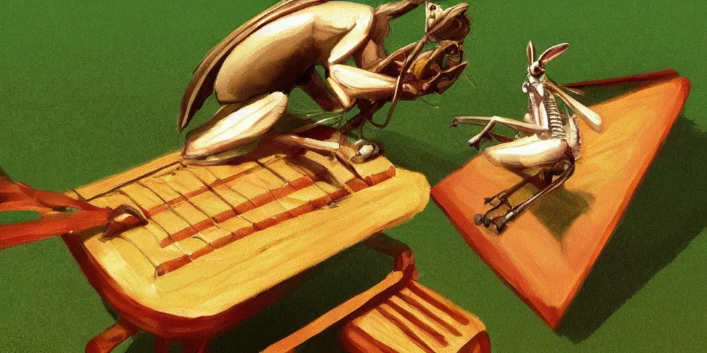 Image similar to a cricket playing a tiny piano on top of a picnic blanket about to be crushed by a giant human foot, low field of view, blurry background, digital art, artstation