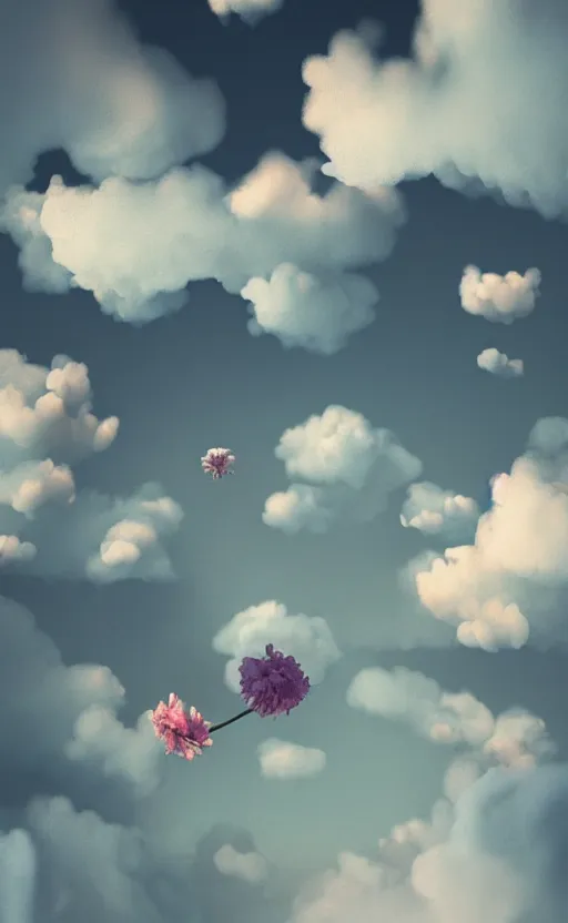 Prompt: flowers as clouds, soft render, volumetric lighting, 3d grainy surreal aesthetic illustration