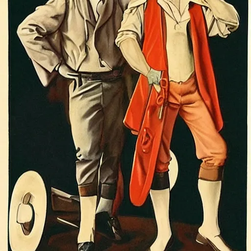 Prompt: 1 9 2 0 s leyendecker style, handsome blonde farmer man, handsome brunette worker man, serenading