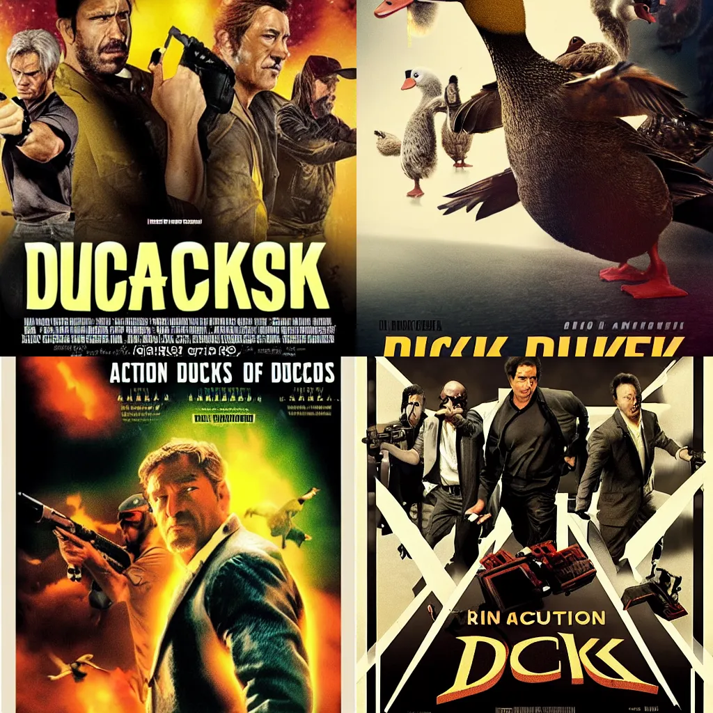 Prompt: movie poster of an action movie about ducks