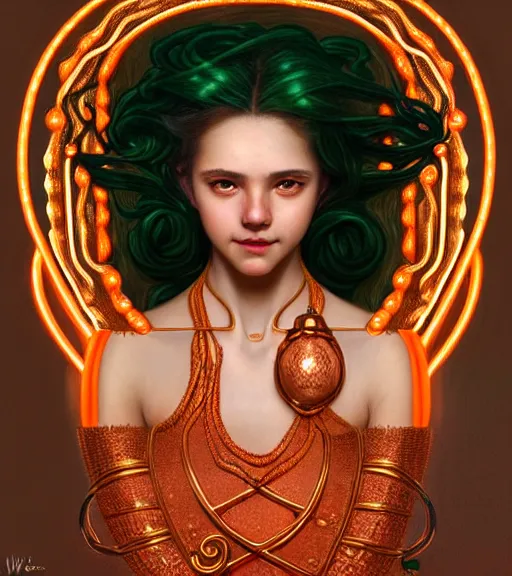 Prompt: portrait of teenage medusa, snake hair, naughty smile, wearing an embroidered orange tunic, intricate, elegant, copper and emerald jewelry, glowing lights, highly detailed, digital painting, artstation, concept art, smooth, sharp focus, seductive illustration, art by wlop, mucha, artgerm, and greg rutkowski