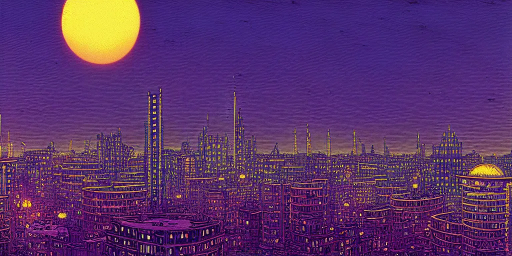 Image similar to A light blue star sinking behind a modern city skyline by Dan Mumford and Dean Ellis and John Atkinson Grimshaw and Anton Fadeev, sunset, purple sky, art nouveau