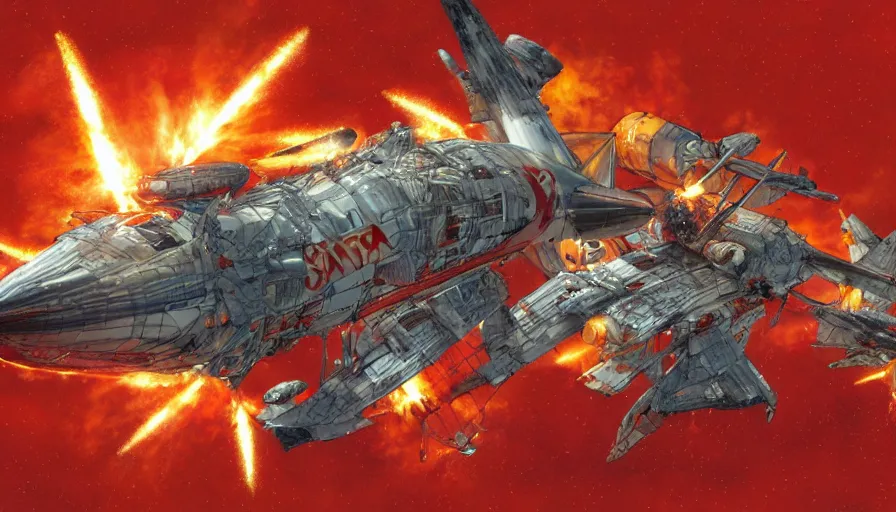 Image similar to santa claus sleigh being shot down by a surface to air missile, fiery explosion, artwork by katsuhiro otomo, yoshitaka amano, and artgerm. 3 d shadowing effect, 8 k resolution.