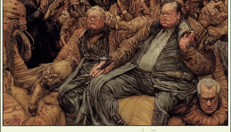 Image similar to movie scene of baron vladimir harkonnen in dune, by lawrence alma tadema and rick berry and norman rockwell and greg staples and jack kirby, directed by david lynch